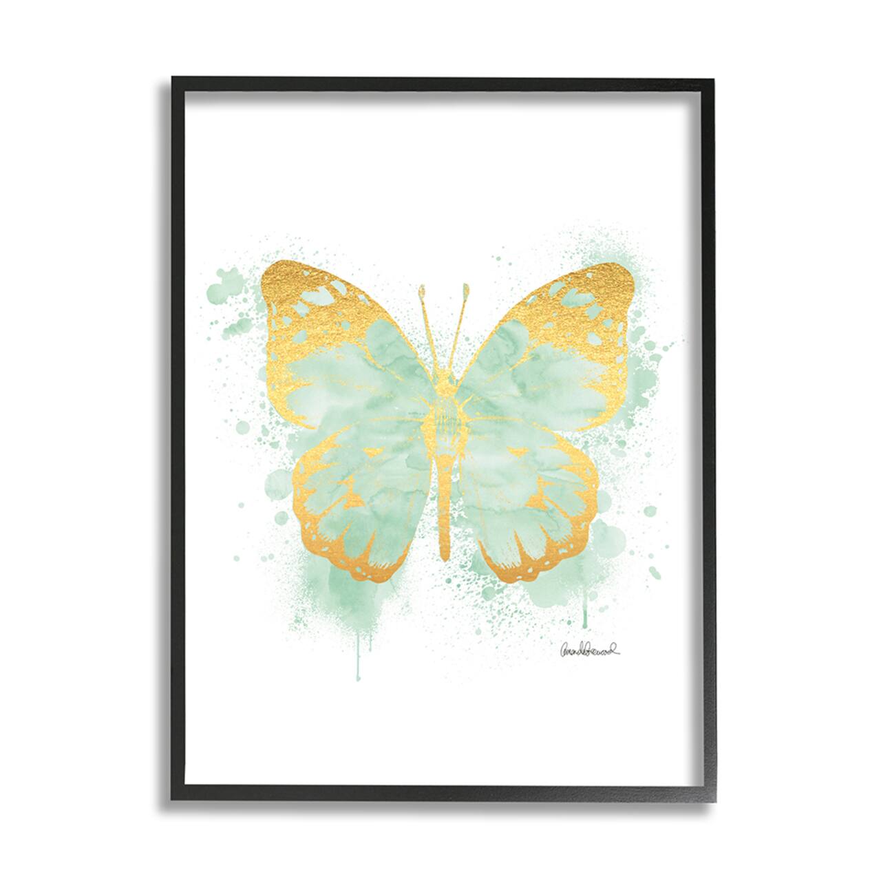 Stupell Industries Seafoam Green Butterfly Watercolor Paint Splatter in Black Frame Wall Art